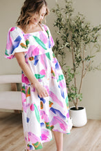 Load image into Gallery viewer, Purple Abstract Print Puff Sleeve Smocked Back Midi Dress
