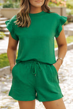 Load image into Gallery viewer, Dark Green Textured Ruffle Split Top and Drawstring Shorts
