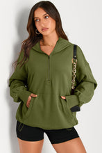 Load image into Gallery viewer, Moss Green Solid Kangaroo Pocket Half Zipper Oversized Hoodie
