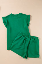 Load image into Gallery viewer, Dark Green Textured Ruffle Split Top and Drawstring Shorts
