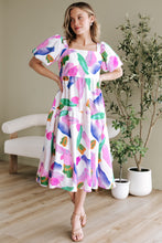Load image into Gallery viewer, Purple Abstract Print Puff Sleeve Smocked Back Midi Dress
