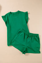 Load image into Gallery viewer, Dark Green Textured Ruffle Split Top and Drawstring Shorts
