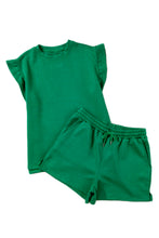 Load image into Gallery viewer, Dark Green Textured Ruffle Split Top and Drawstring Shorts

