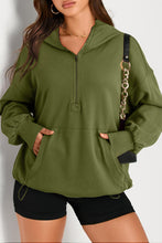 Load image into Gallery viewer, Moss Green Solid Kangaroo Pocket Half Zipper Oversized Hoodie
