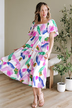 Load image into Gallery viewer, Purple Abstract Print Puff Sleeve Smocked Back Midi Dress
