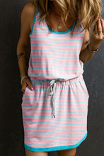 Load image into Gallery viewer, Pink Stripe Contrast Trim Pocketed Casual Tank Dress
